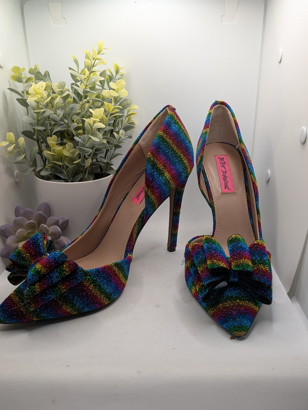 Betsey Johnson Rainbow Glitter Pointed-Toe Pumps with Bow Accent
